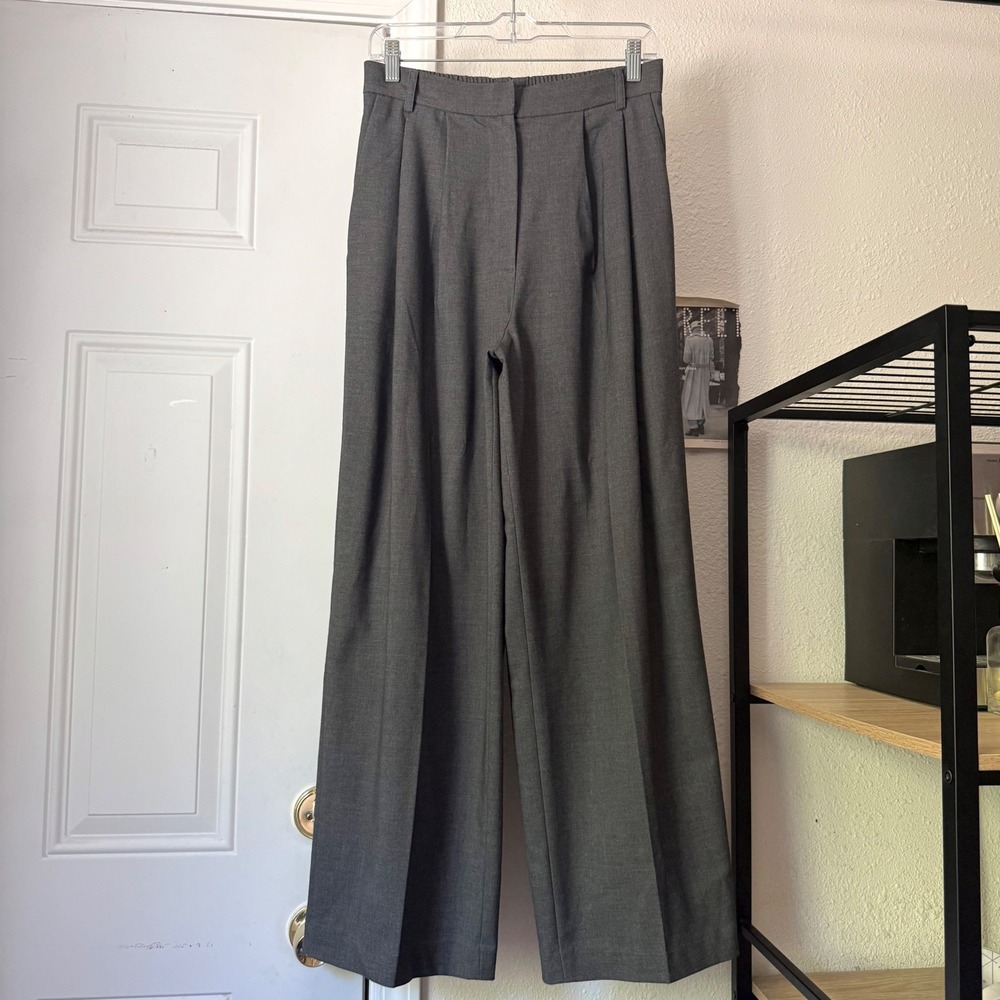 MIJEONG PARK grey wool high rise pleated front pull on wide leg trousers pants